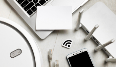 Wireless network solution graphic with Wi-Fi symbols.